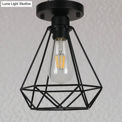 Lámpara colgante DecorBites™ con jaula de diamante de metal negro para cafeterías y lofts - Lámpara de techo semiempotrada