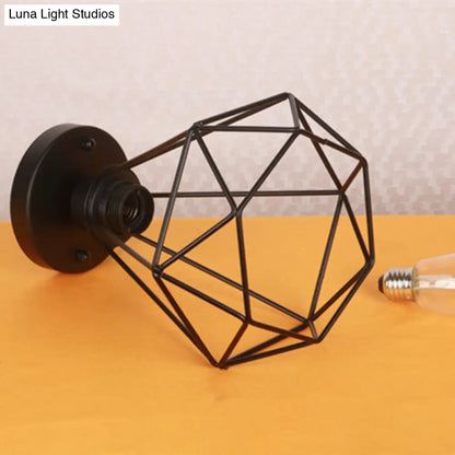 Lámpara colgante DecorBites™ con jaula de diamante de metal negro para cafeterías y lofts - Lámpara de techo semiempotrada