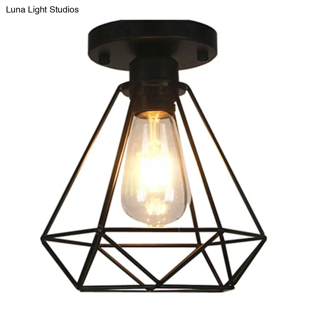 Lámpara colgante DecorBites™ con jaula de diamante de metal negro para cafeterías y lofts - Lámpara de techo semiempotrada