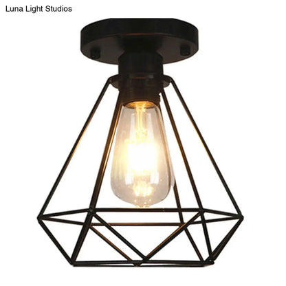 Lámpara colgante DecorBites™ con jaula de diamante de metal negro para cafeterías y lofts - Lámpara de techo semiempotrada