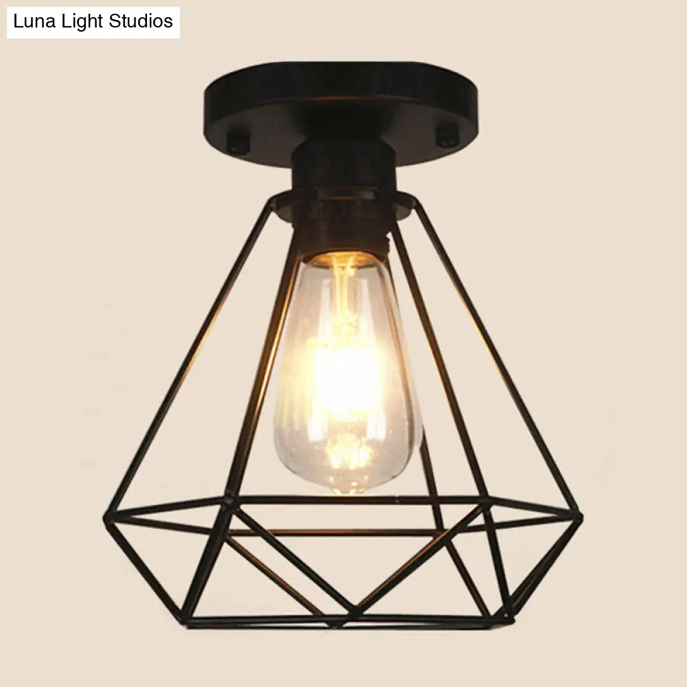 Lámpara colgante DecorBites™ con jaula de diamante de metal negro para cafeterías y lofts - Lámpara de techo semiempotrada