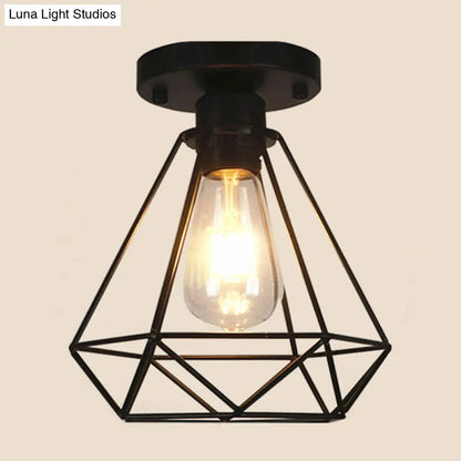 Lámpara colgante DecorBites™ con jaula de diamante de metal negro para cafeterías y lofts - Lámpara de techo semiempotrada