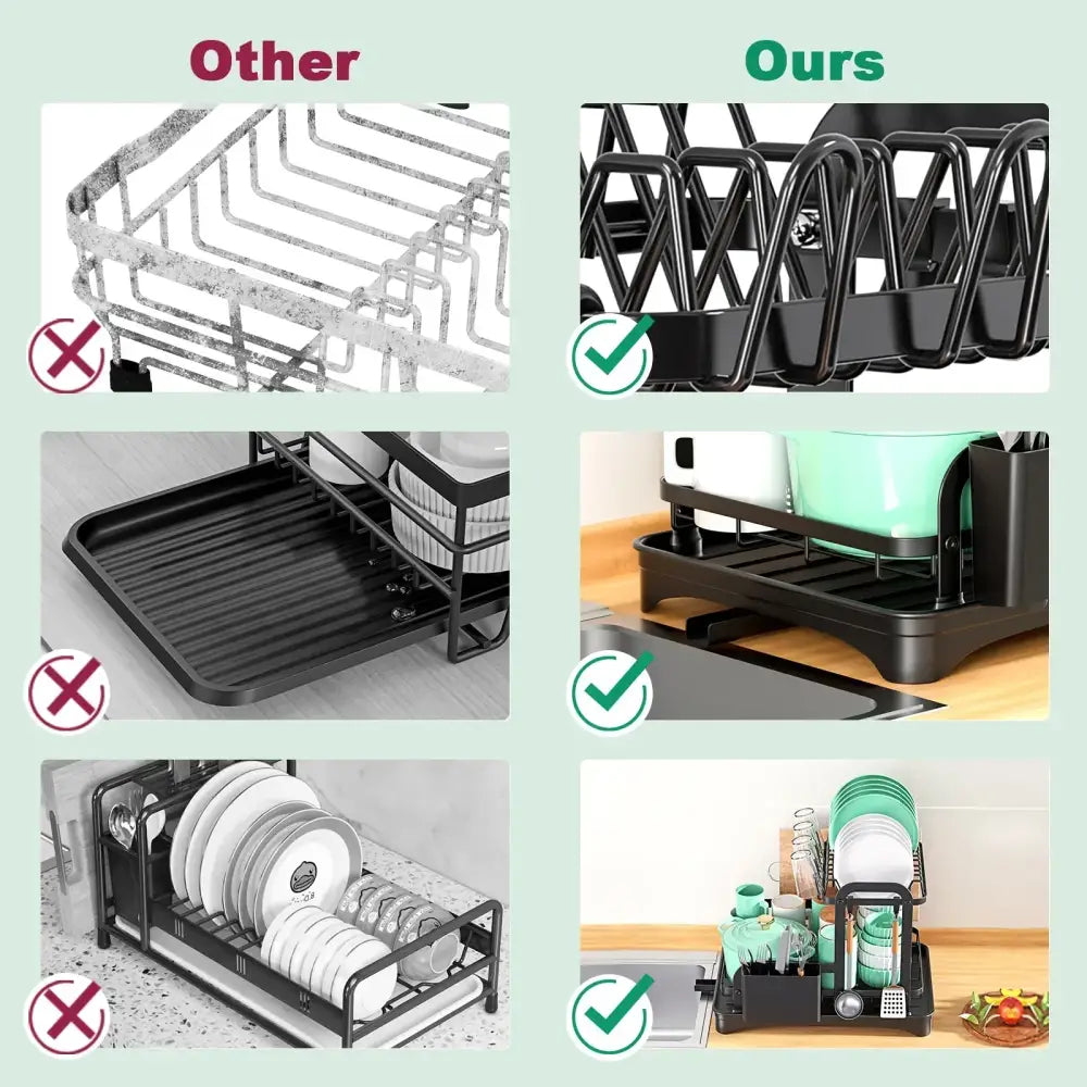 Black metal double layer dish drying rack with sleek modern design and integrated drip tray kitchen storage organizer