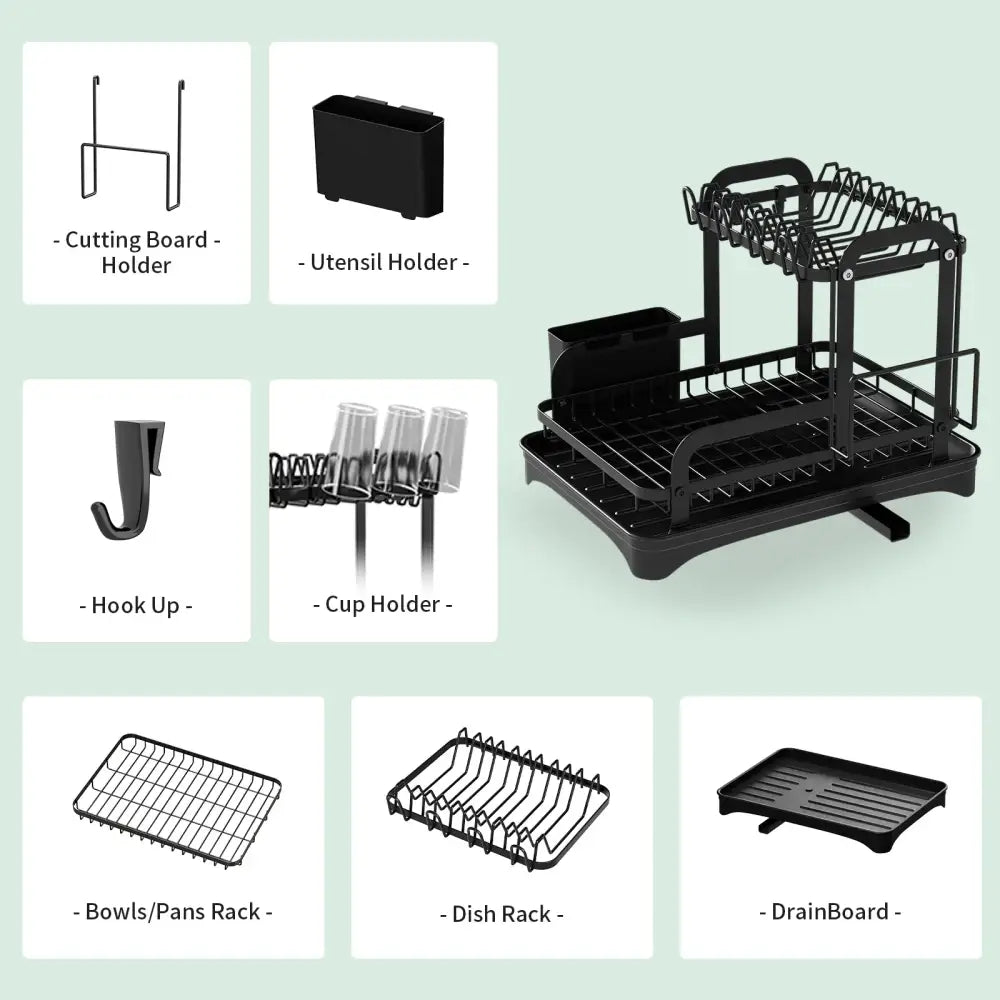 Black metal double layer dish drying rack with wire mesh shelves and built-in drainboard for kitchen storage organizer