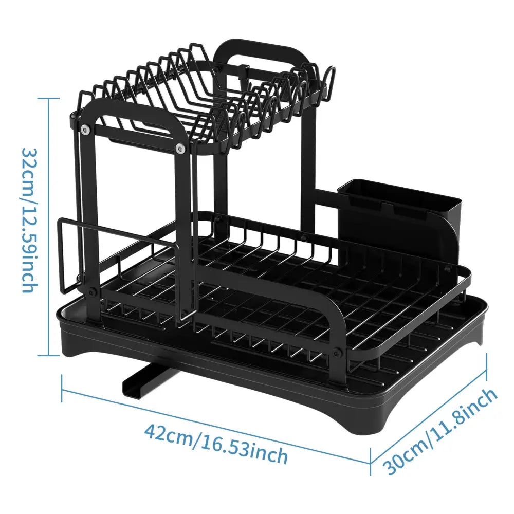 Black metal double layer dish drying rack with rectangular base and integrated side compartment for kitchen storage