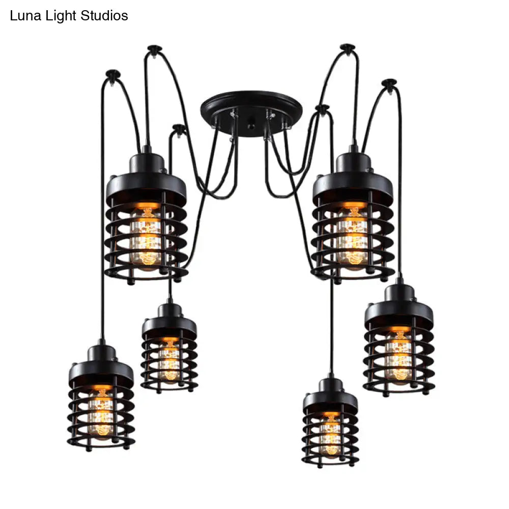 Black Metal Factory Lantern Swag Pendant Light with 6 Hanging Heads for Living Room