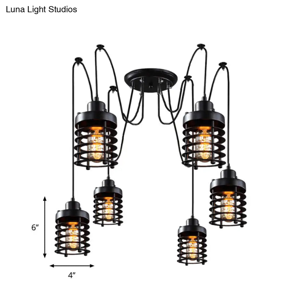 Black Metal Factory Lantern Swag Pendant Light with 6 Hanging Heads for Living Room