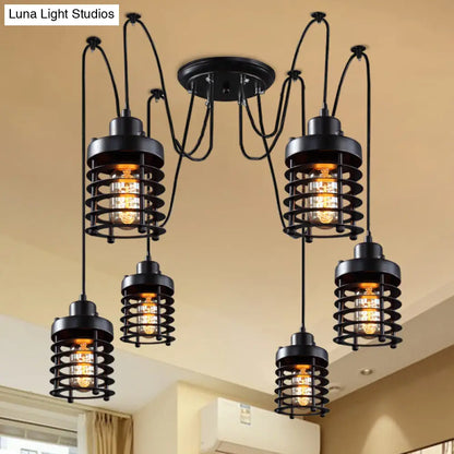 Black Metal Factory Lantern Swag Pendant Light with 6 Hanging Heads for Living Room