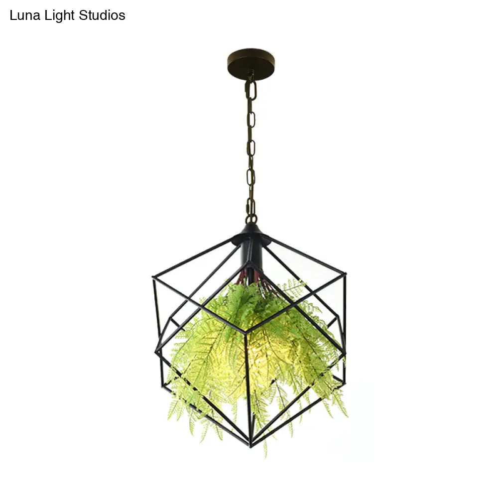 Black Metal Geometric Plant Hanging Pendant with LED Light, Ideal for Restaurants - 1 Bulb, 18"/21.5" Width