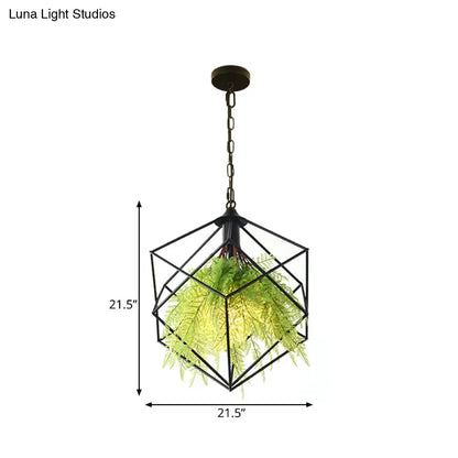 Black Metal Geometric Plant Hanging Pendant with LED Light, Ideal for Restaurants - 1 Bulb, 18"/21.5" Width