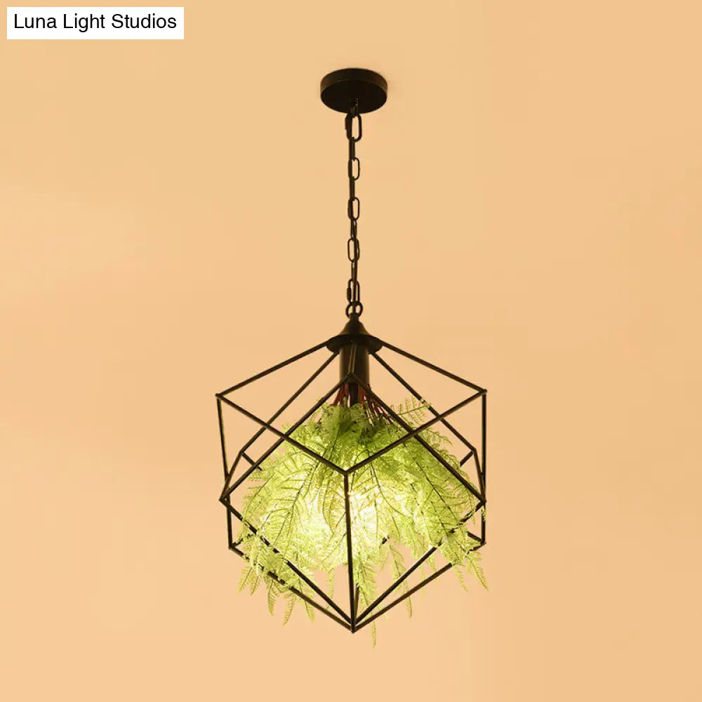 Black Metal Geometric Plant Hanging Pendant with LED Light, Ideal for Restaurants - 1 Bulb, 18"/21.5" Width