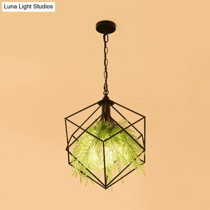 Black Metal Geometric Plant Hanging Pendant with LED Light, Ideal for Restaurants - 1 Bulb, 18"/21.5" Width