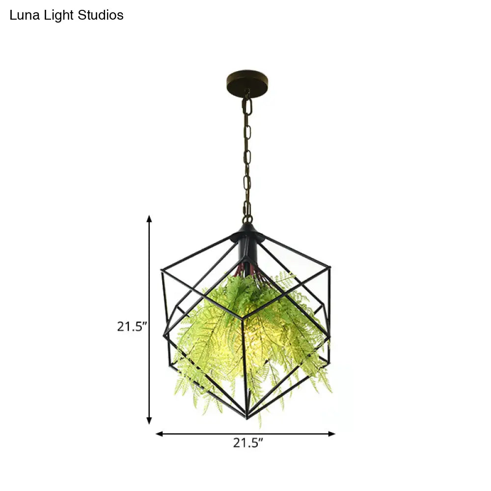 Black Metal Geometric Plant Hanging Pendant with LED Light, Ideal for Restaurants - 1 Bulb, 18"/21.5" Width