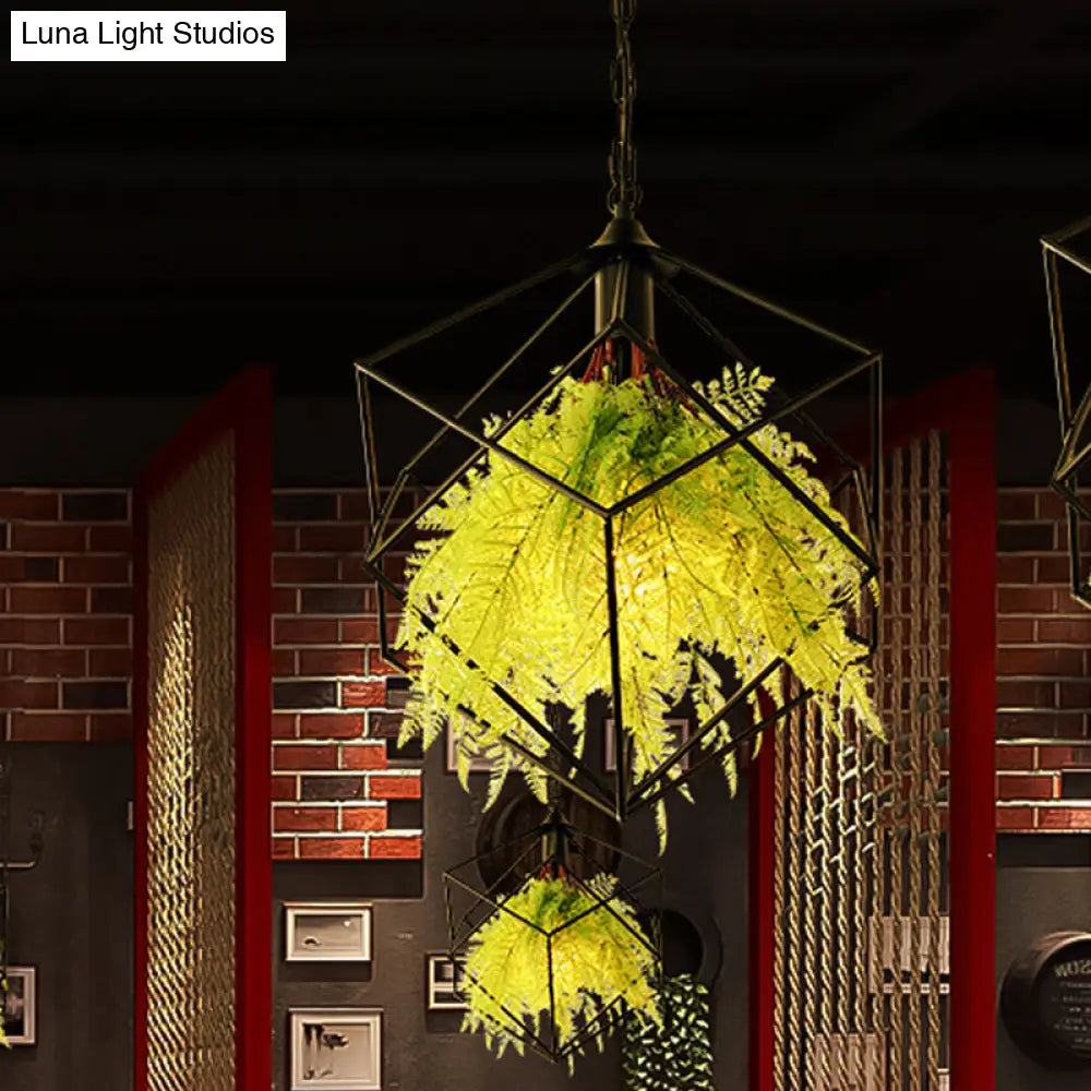 Black Metal Geometric Plant Hanging Pendant with LED Light, Ideal for Restaurants - 1 Bulb, 18"/21.5" Width