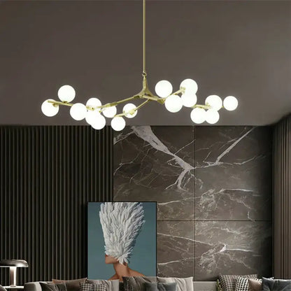 Gold-toned decorbites glass ball led chandelier with multiple white glass bulbs for living room decor
