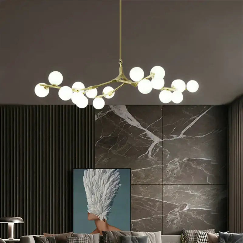 Gold-toned decorbites glass ball led chandelier with multiple white glass bulbs for living room decor