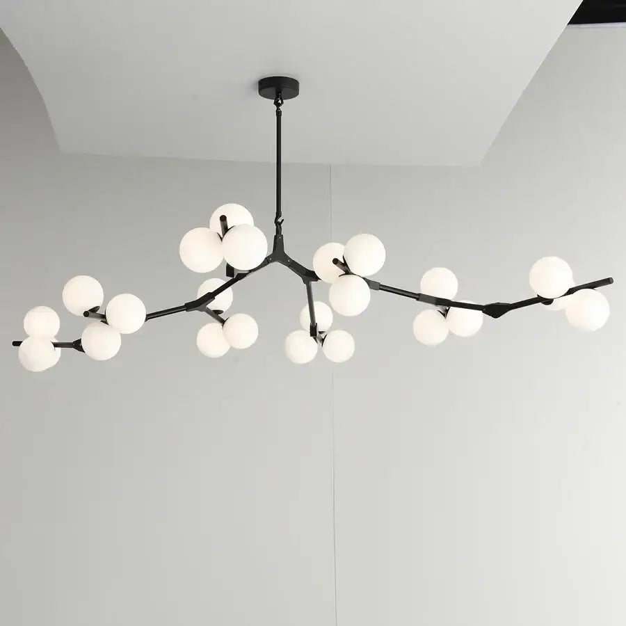 Black metal glass ball led chandelier with white spherical globes in a branching tree design for living room decorbites glass ball