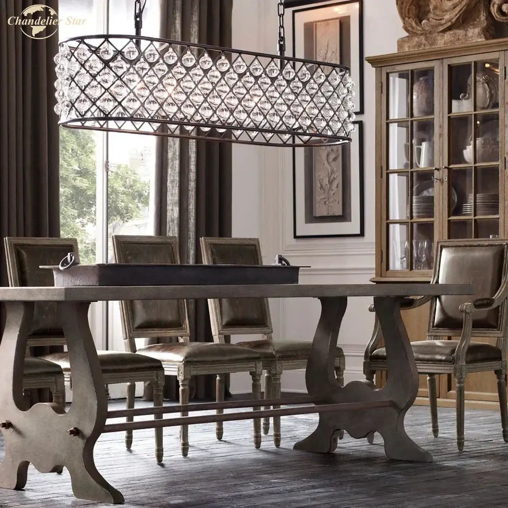 Elegant black metal glass drop chandelier pendant light with cascading clear crystal droplets for dining room use
