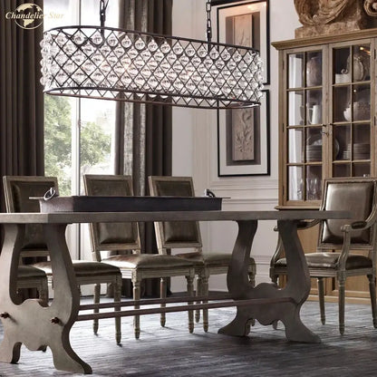 Elegant black metal glass drop chandelier pendant light with cascading clear crystal droplets for dining room use