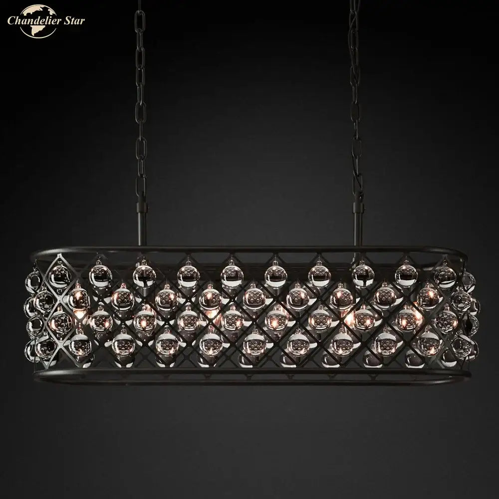 Black metal glass drop chandelier pendant light with rectangular frame and clear crystal spheres for dining room