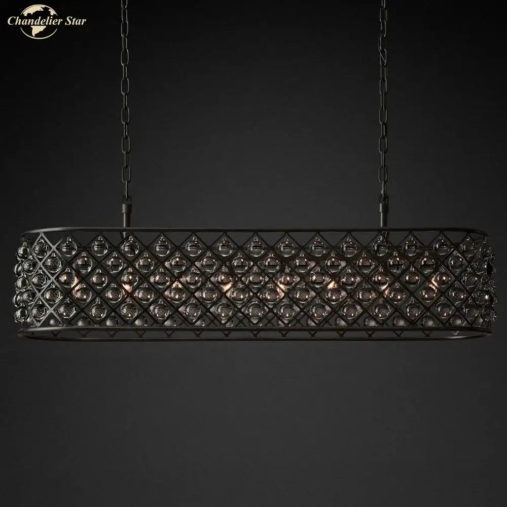 Black metal glass drop chandelier pendant lights with rectangular frame and faceted crystal beads for dining room