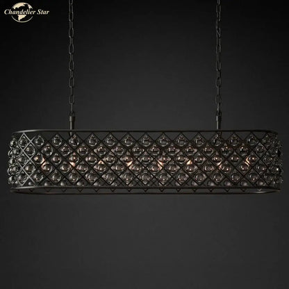 Black metal glass drop chandelier pendant lights with rectangular frame and faceted crystal beads for dining room