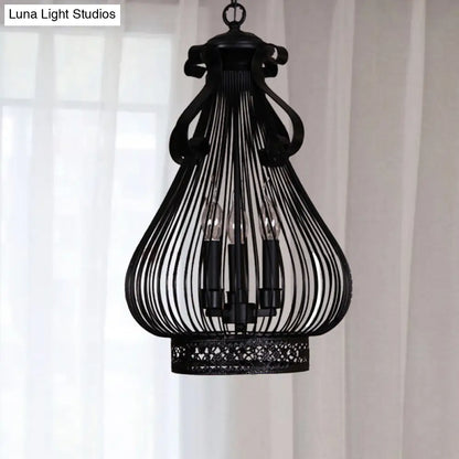 Black Metal Gourd-Like Pendant Chandelier - 3-Light Loft Style Candle Hanging Lamp Kit