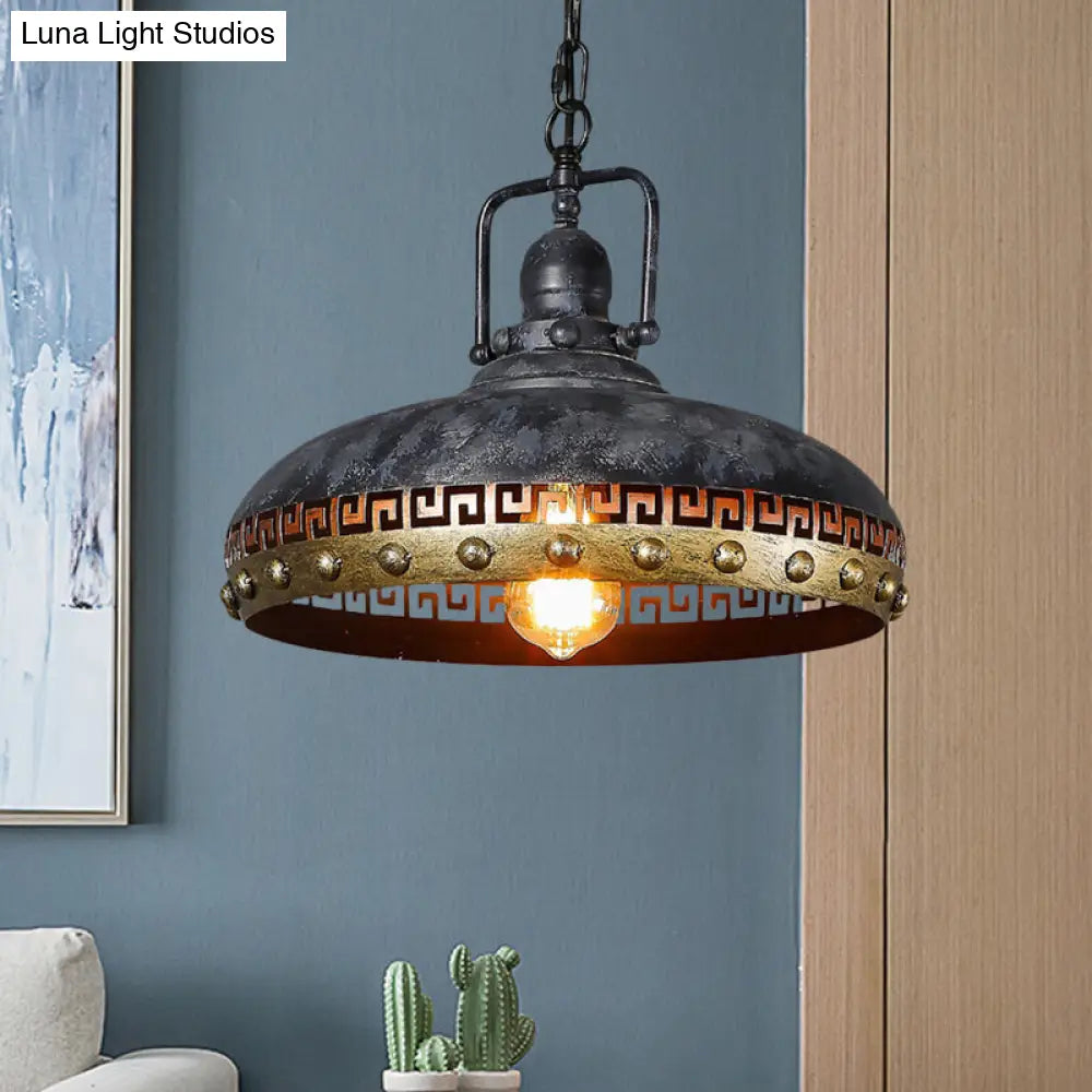 Black Metal Hanging Lamp Kit: Antiqued Bowl Down Lighting with Rotatable Handle