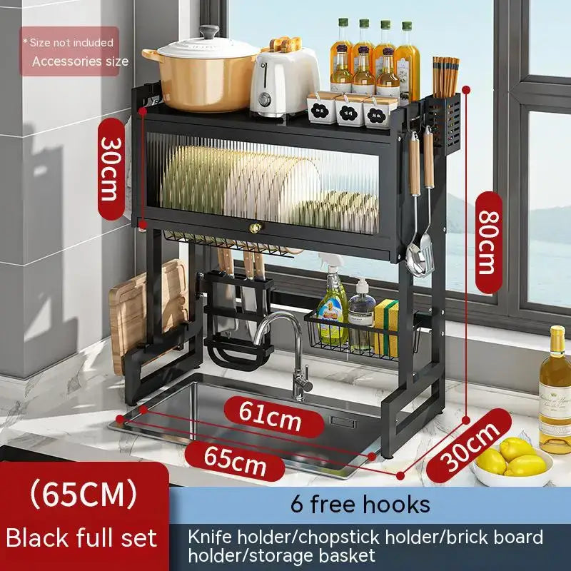 Black metal kitchen cabinet organizer shelf with glass featuring multiple shelves hooks and storage compartments for sink decorbites kitchen cabinet