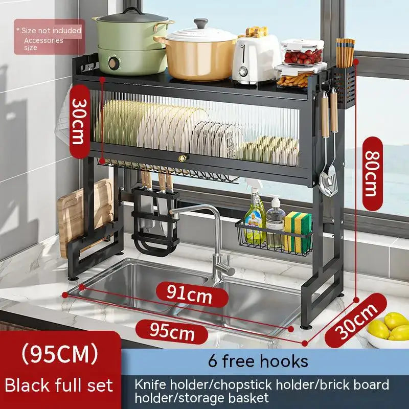Black metal kitchen cabinet organizer shelf with two tiers knife and chopstick holders storage basket and six hooks