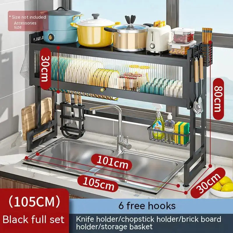 Black metal kitchen cabinet organizer shelf with two shelves knife and chopstick holders and storage basket