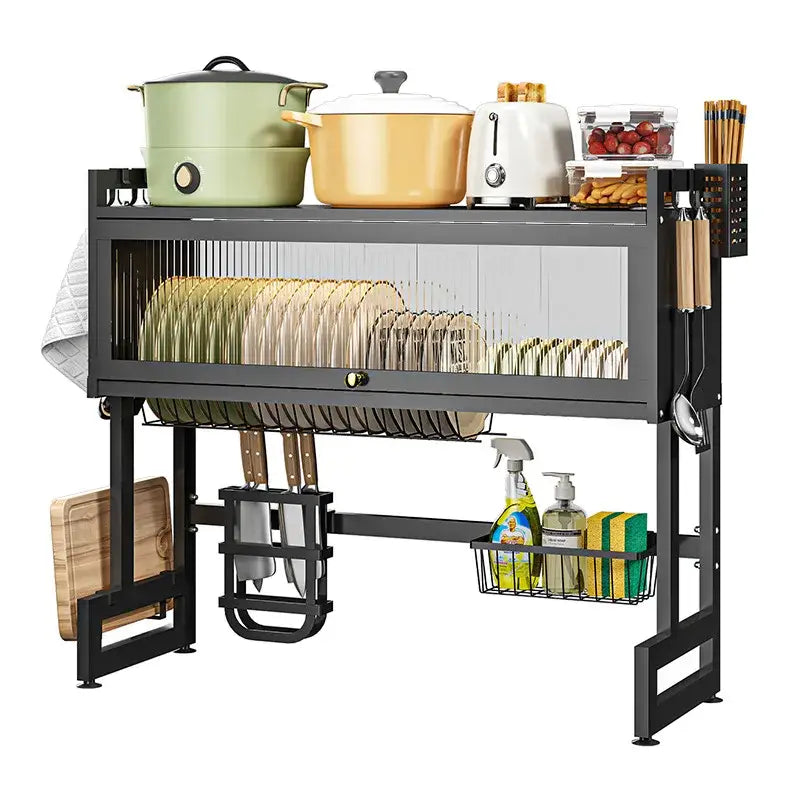 Black metal kitchen cabinet organizer shelf with glass front and lower storage compartments for sink organization