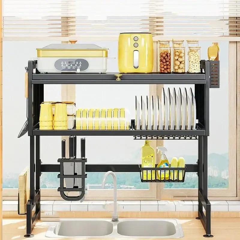 Black metal kitchen cabinet organizer shelf with two-tier dish rack, knife holder, and basket storage for sink decorbites kitchen cabinet organizer shelf