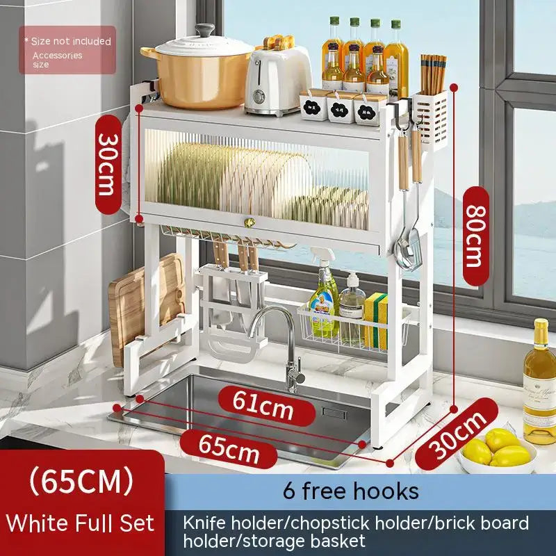 White two-tier kitchen cabinet organizer shelf with stainless steel basin glass shelf and multiple compartments for decorbites kitchen cabinet organizer