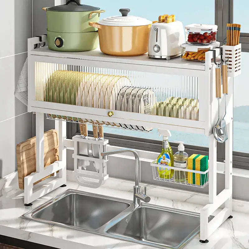 White metal kitchen sink rack with multiple compartments and utensil holders for decorbites kitchen cabinet organizer shelf