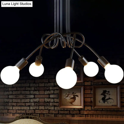 Black Metal Knot Chandelier with Bare Bulb Design - Industrial Living Room Lamp