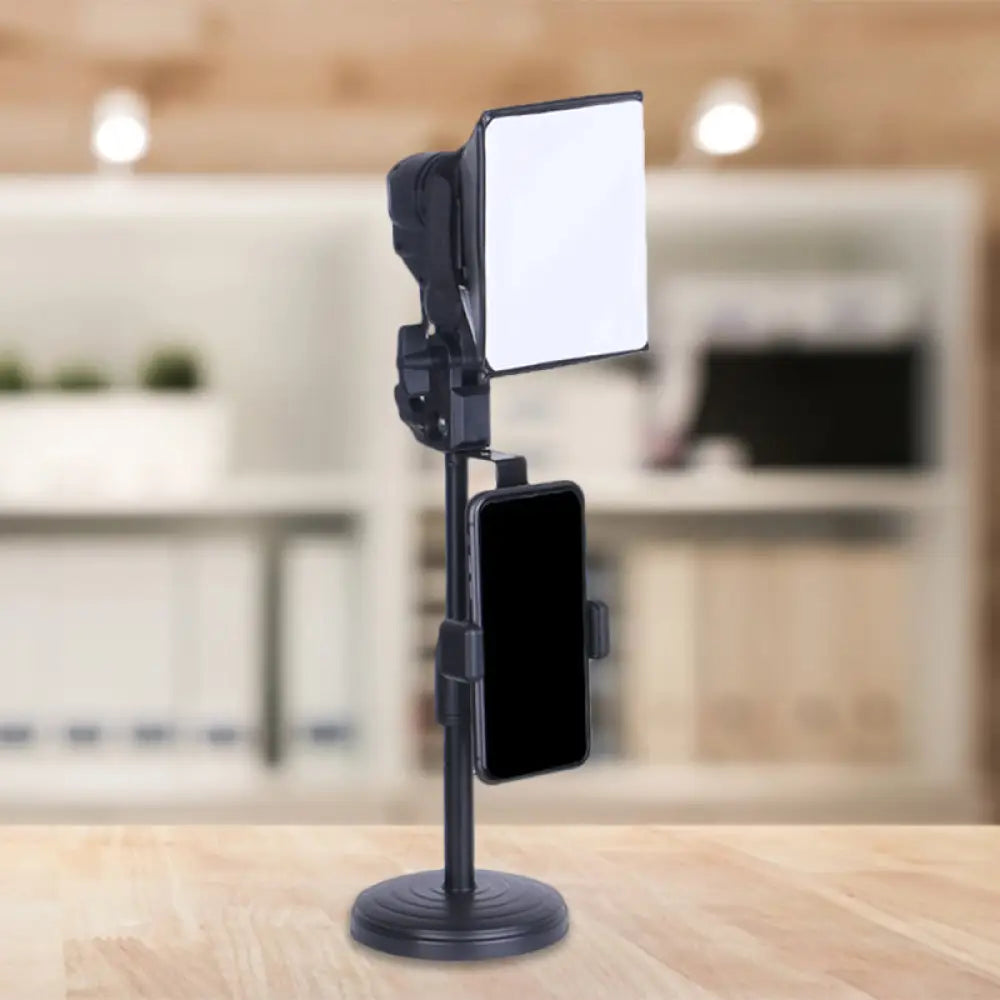 DecorBites™ Soporte para teléfono móvil de metal negro con luz LED y puerto USB - Lámpara de maquillaje cuadrada moderna