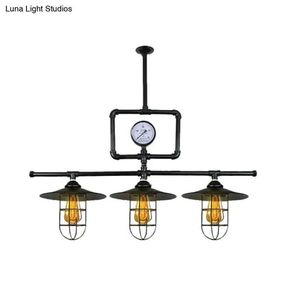 Antiqued black metal industrial pipe chandelier with three amber filament bulbs and pressure gauge for ceiling lighting 220v-240v