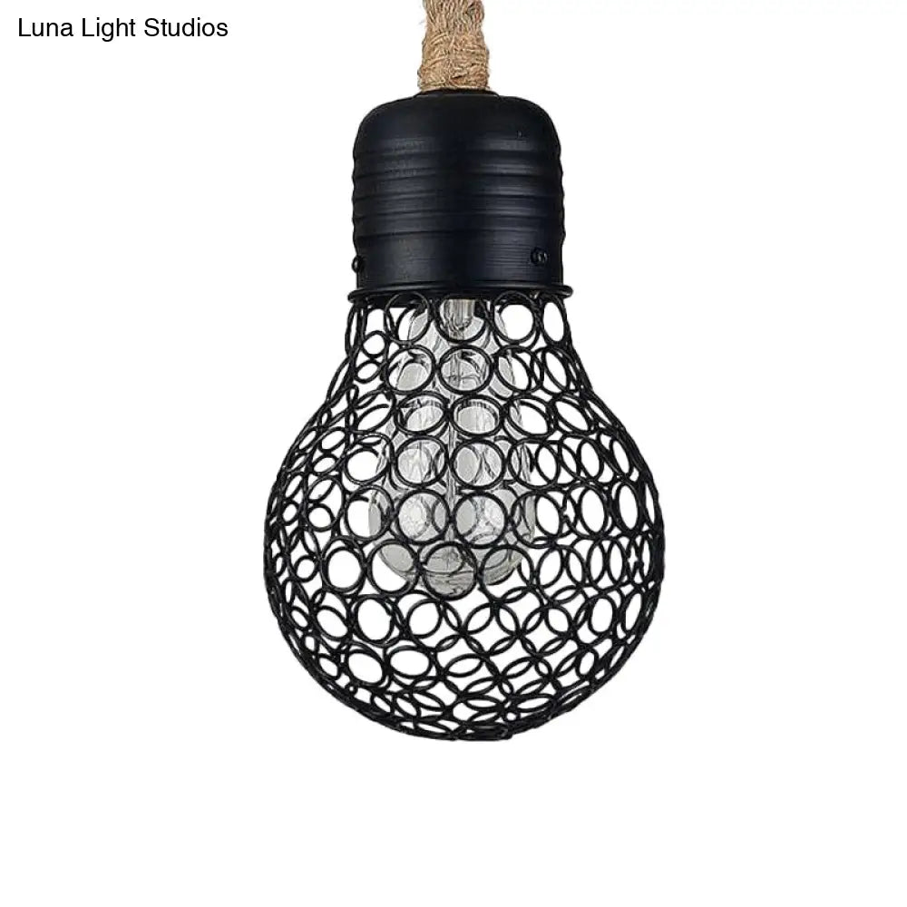 Black Metal Pendant Light with Industrial Mesh Screen - Stylish Hanging Ceiling Fixture for Restaurant with Authentic Rope and 1 Light Bulb