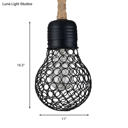 Black Metal Pendant Light with Industrial Mesh Screen - Stylish Hanging Ceiling Fixture for Restaurant with Authentic Rope and 1 Light Bulb