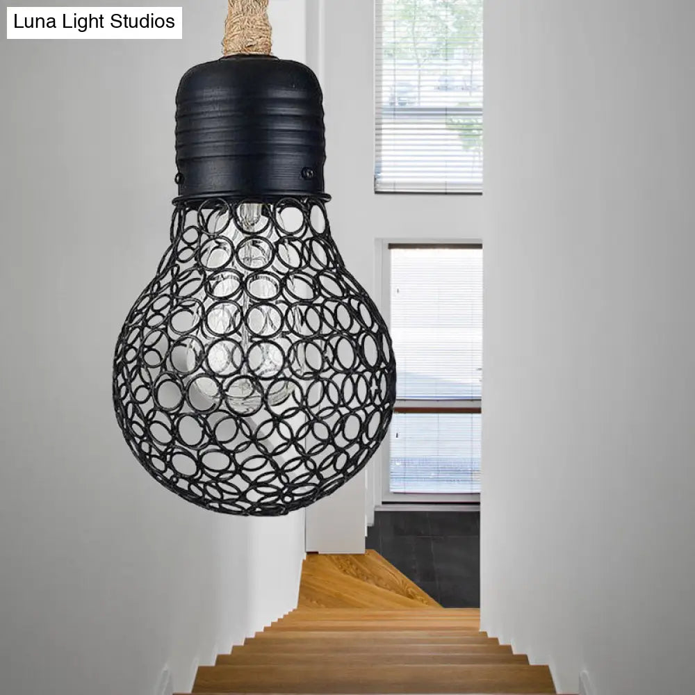 Black Metal Pendant Light with Industrial Mesh Screen - Stylish Hanging Ceiling Fixture for Restaurant with Authentic Rope and 1 Light Bulb