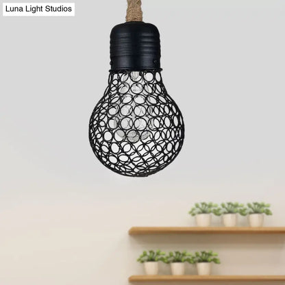 Black Metal Pendant Light with Industrial Mesh Screen - Stylish Hanging Ceiling Fixture for Restaurant with Authentic Rope and 1 Light Bulb