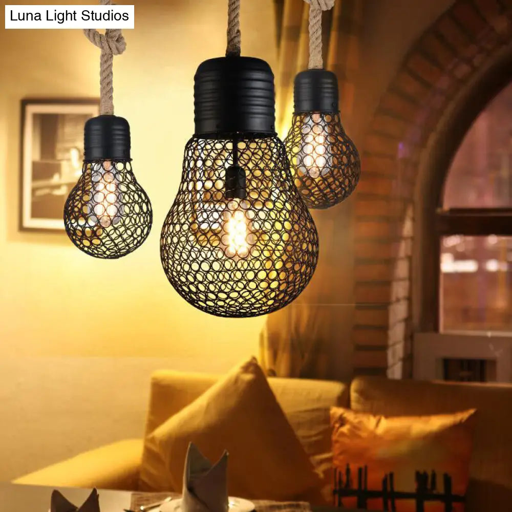 Black Metal Pendant Light with Industrial Mesh Screen - Stylish Hanging Ceiling Fixture for Restaurant with Authentic Rope and 1 Light Bulb