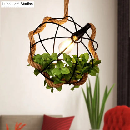 Black Metal Pendant Light with Rope and Leaf for Restaurant and Lodge