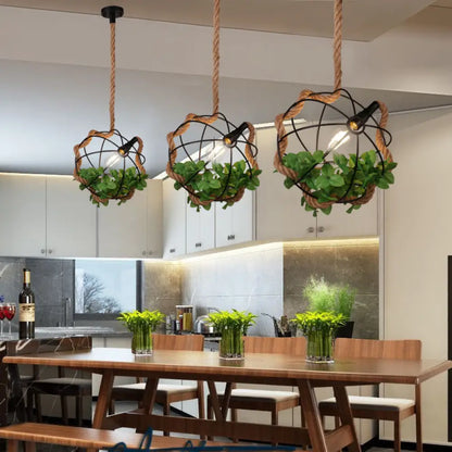 Black Metal Pendant Light with Rope and Leaf for Restaurant and Lodge