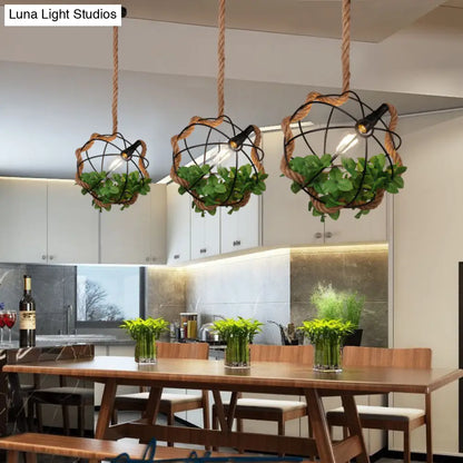 Black Metal Pendant Light with Rope and Leaf for Restaurant and Lodge