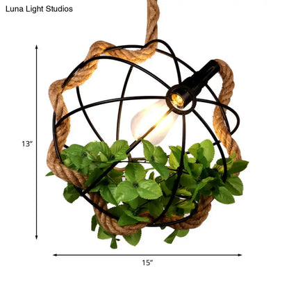 Black Metal Pendant Light with Rope and Leaf for Restaurant and Lodge