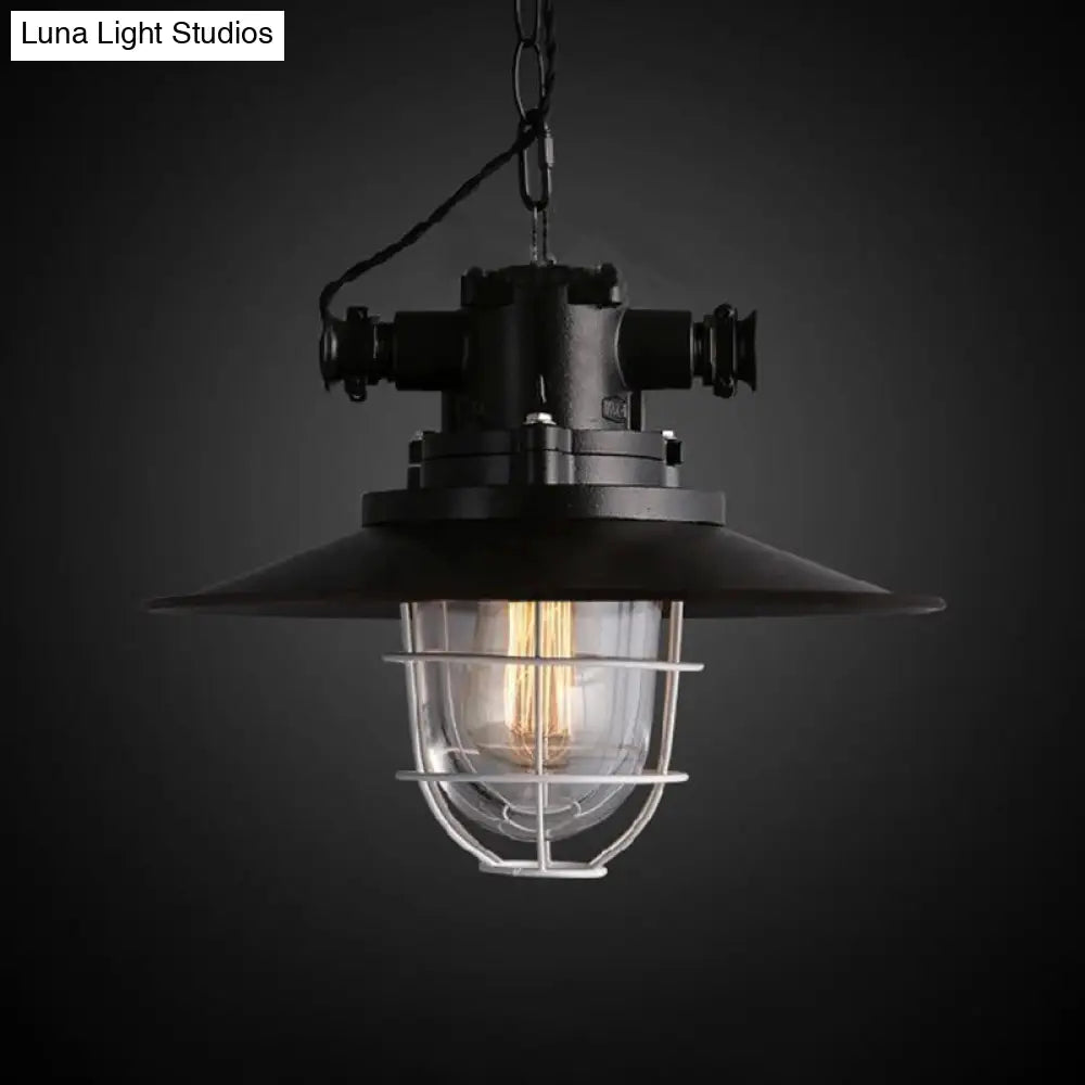 Black Metal Pendant Light with Wire Cage and Glass Shade – 1-Light Hanging Lamp Kit