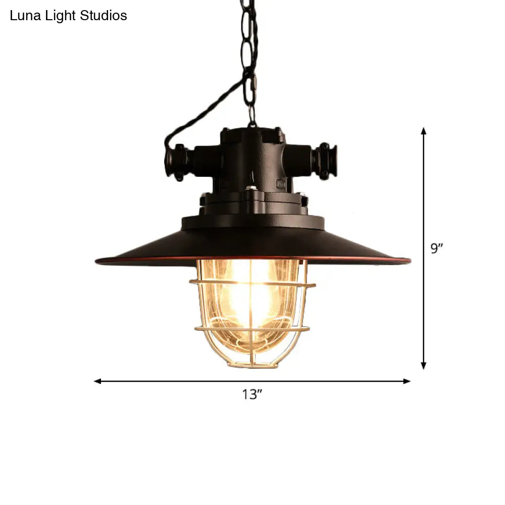 Black Metal Pendant Light with Wire Cage and Glass Shade – 1-Light Hanging Lamp Kit