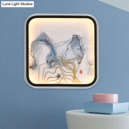Black Metal Riverside Mountain Mural Chinese Square LED Wall Light - Elegant Flush Mount Design